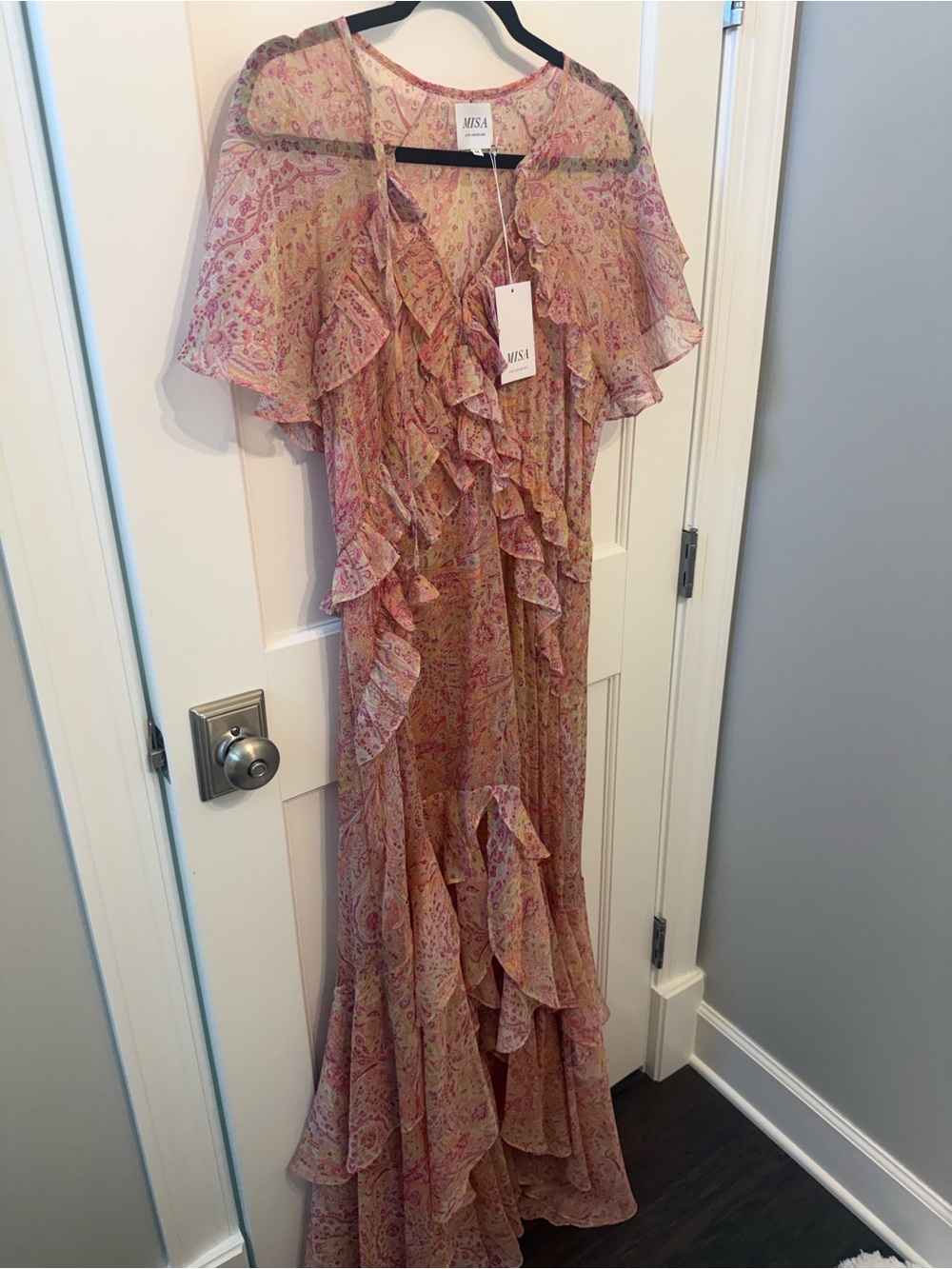 MISA Los Angeles Pink and Yellow Paisley Ruffle Dress